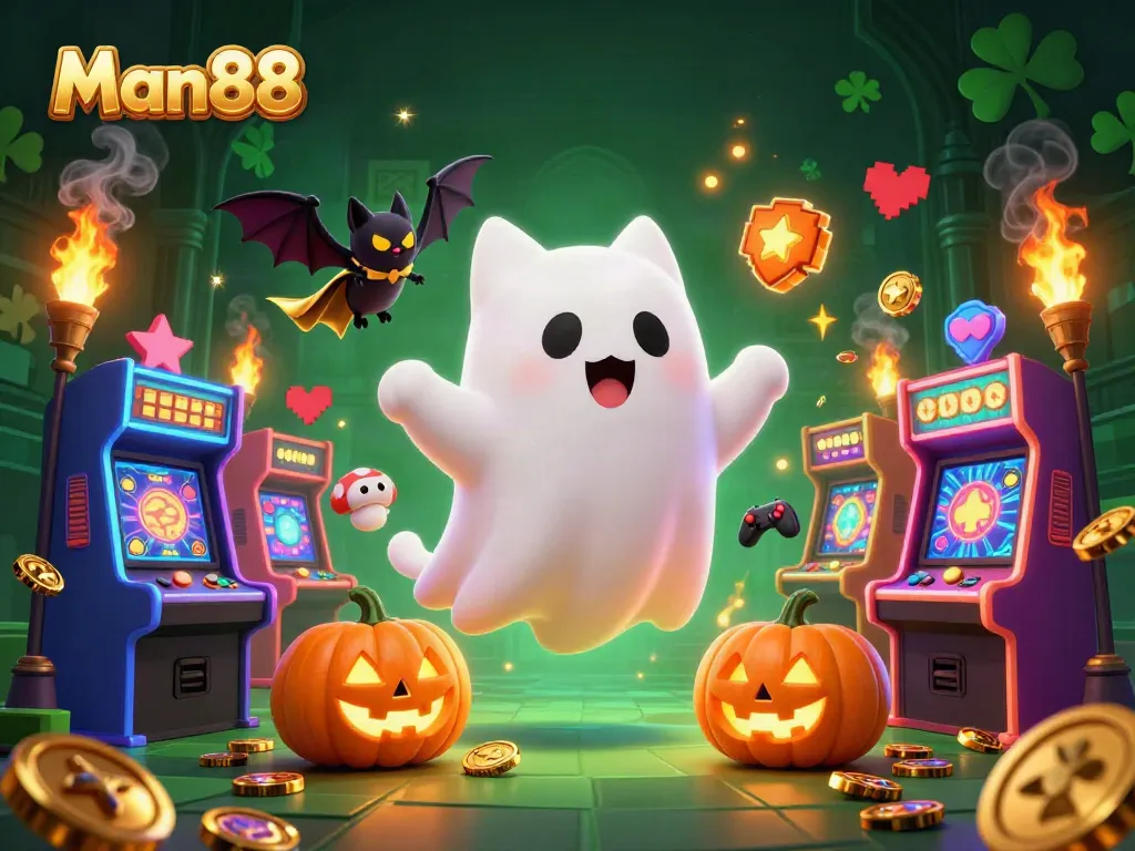 Experience the thrill of gaming at Man88 with a ghost cat and vampire bat in a lively casino.