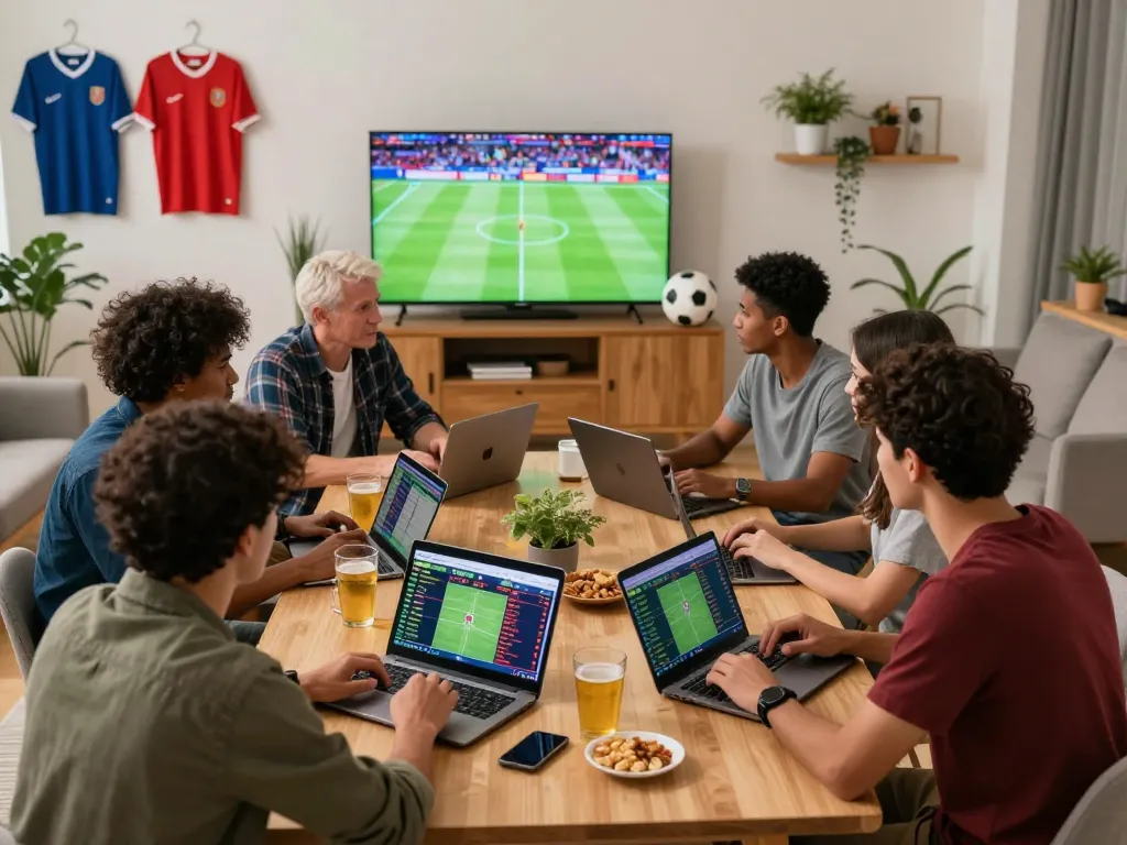 Exciting online betting scene with people discussing zbet strategies in a cozy living room.
