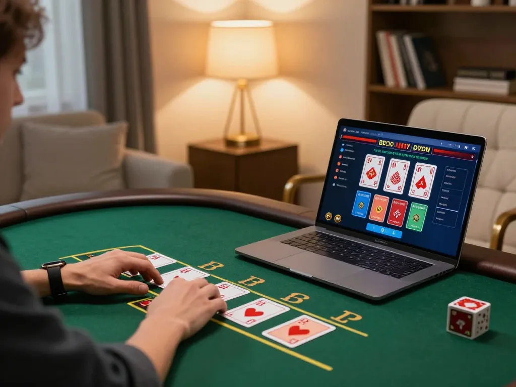 Engaging online gaming scene with UU88 SCIENCE blackjack strategy being executed on a laptop