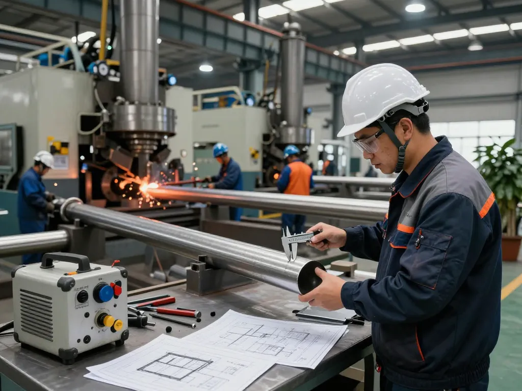 Engineers assessing sumwin stainless steel pipes in industrial facility.