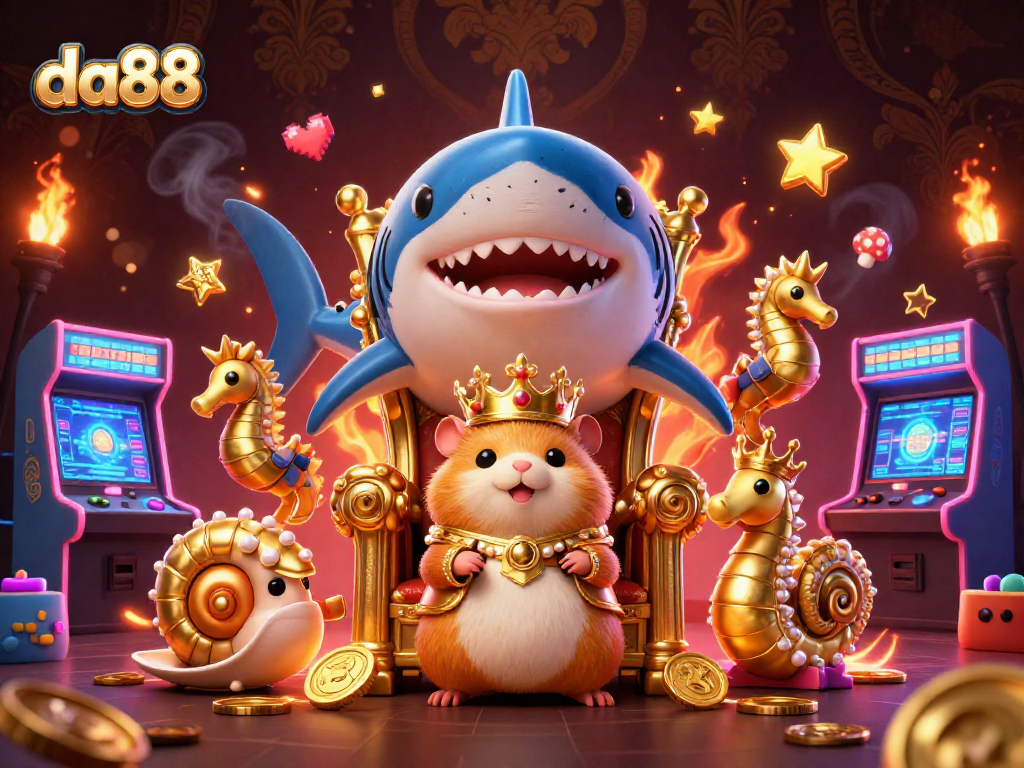 Play exciting games at da88 with a fierce golden hamster king and vibrant casino elements