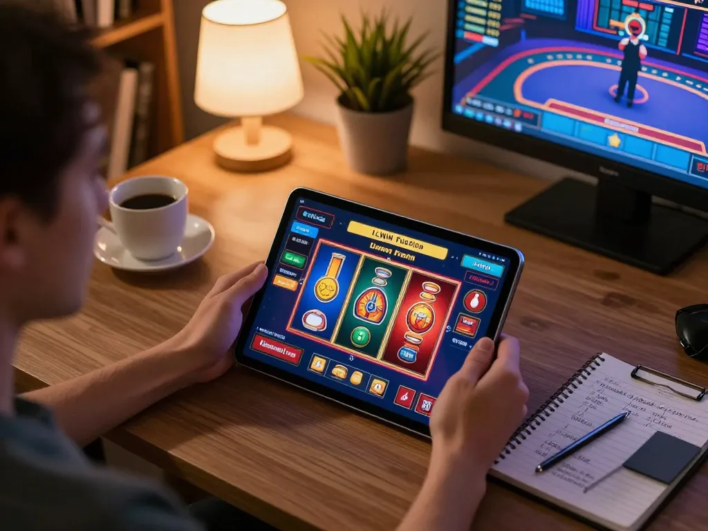 Engaging with LLWIN Function on tablet during online casino gaming session at home, highlighting responsible gambling.