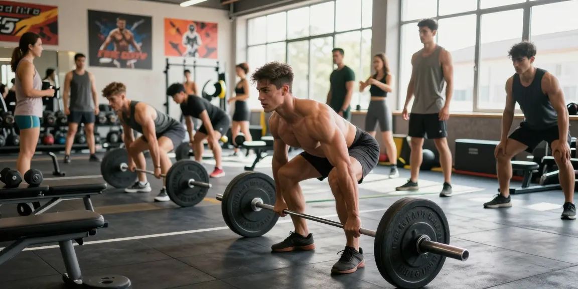 Muskulöser Mann hebt Gewichte in einem lebhaften Anabolika Shop Deutschland Fitnessstudio, dynamische Fitnessszene, die Hingabe und Krafttraining zeigt.