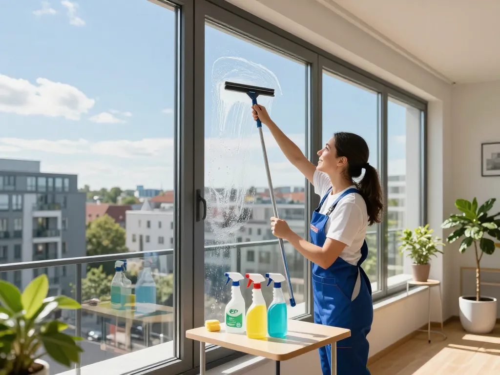 Glasreiniger in Münster, der professionelle Fensterreinigungsdienste in einer städtischen Wohnung mit funkelndem Ausblick anbietet.