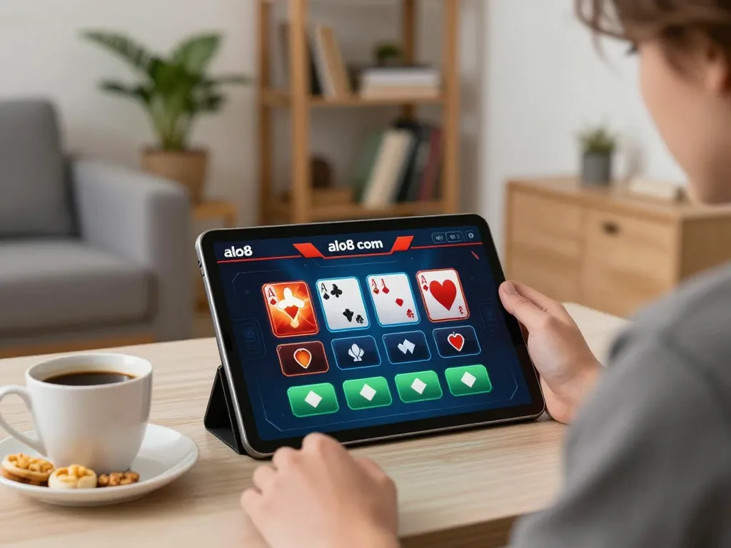 Engaged player using alo8 com for strategic online poker gameplay in a cozy home setting.