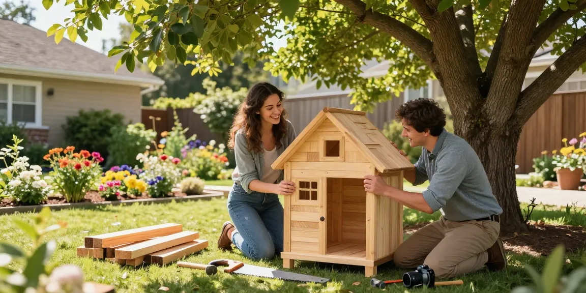 Glückliche Paare bauen Gartenhäuser im Garten unter einem Baum.