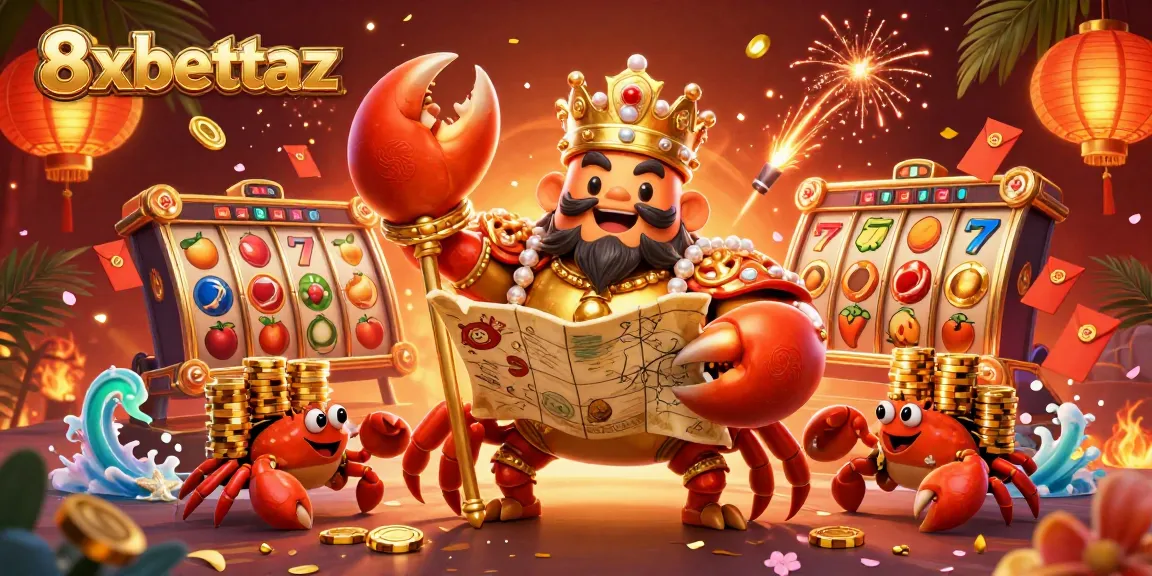 Experience thrilling jackpots at 8xbettaz with vibrant slots and a golden crab emperor.