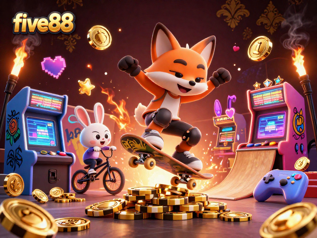 Experience the thrill of five88 with a vibrant 3D scene of animated characters in a casino-themed setting.