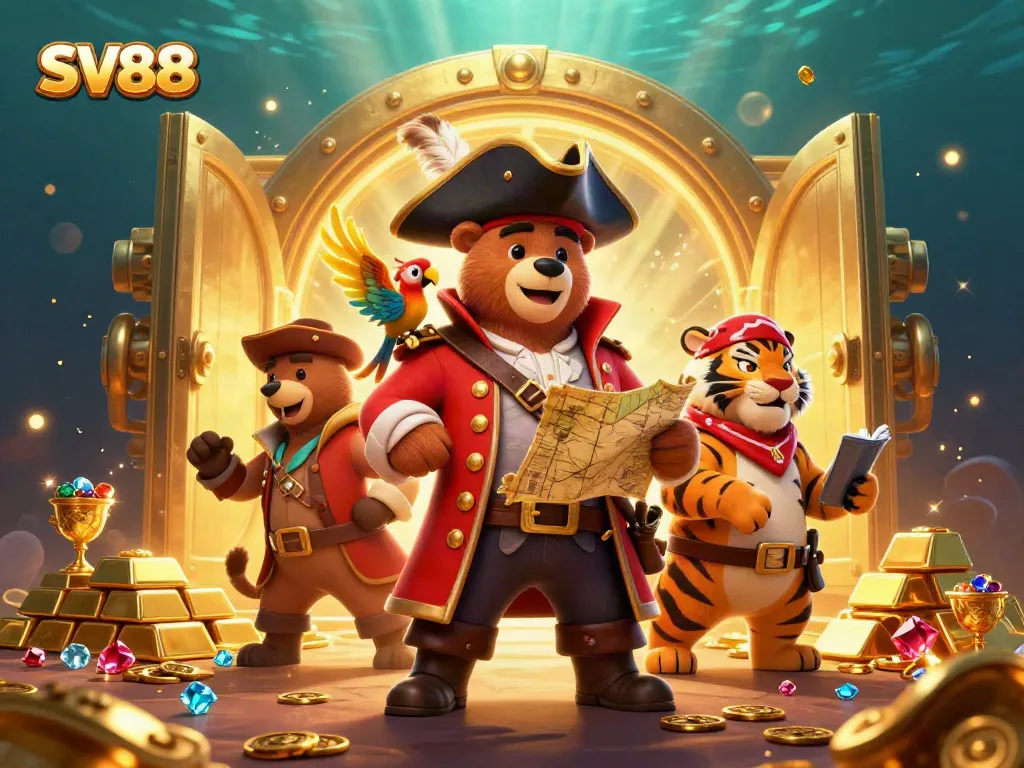 SV88 pirate themed casino illustration featuring a bear captain and tiger mate among treasure