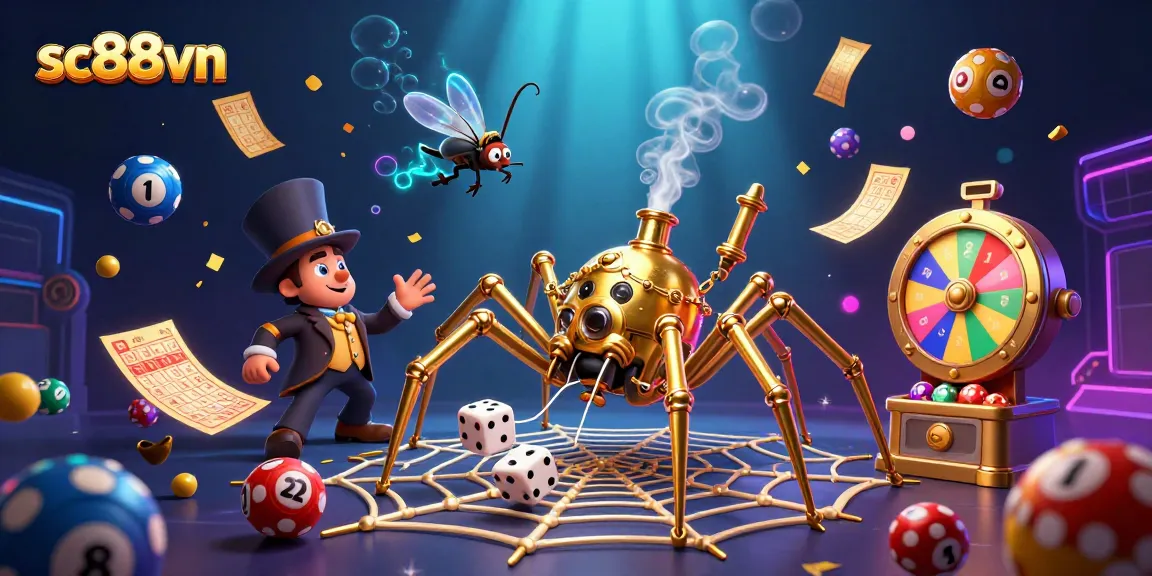 Engage in thrilling games at sc88vn with a vibrant, dynamic casino illustration featuring steampunk elements and colorful lottery balls.