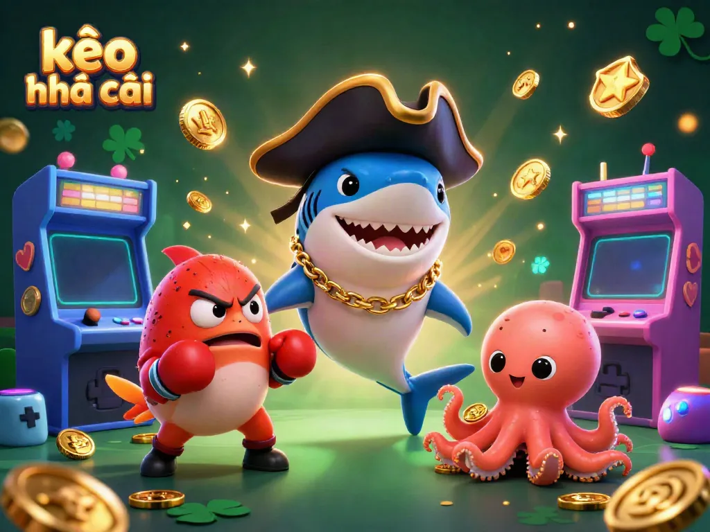 Engage with kèo nhà cái in a vibrant 3D scene featuring a shark, pufferfish, and octopus amidst gaming elements.