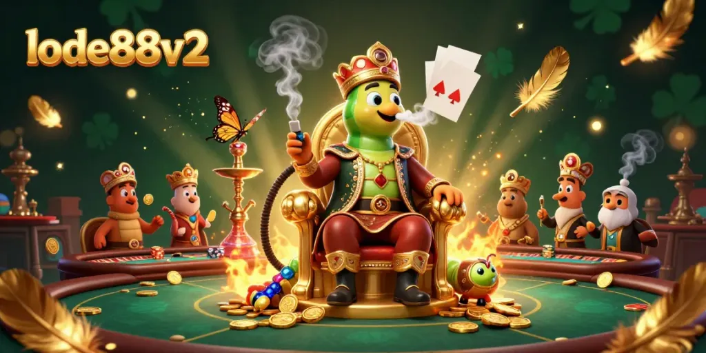Experience the vibrant world of lode88v2 with a colorful casino scene featuring a magical caterpillar and poker symbols.