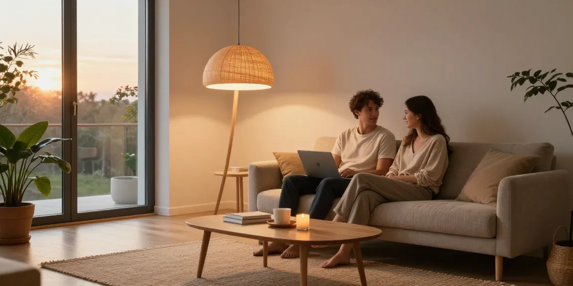 Skandinavische Hängeleuchte Holz Skandinavisch beleuchtet ein gemütliches modernes Wohnzimmer mit warmer Atmosphäre.