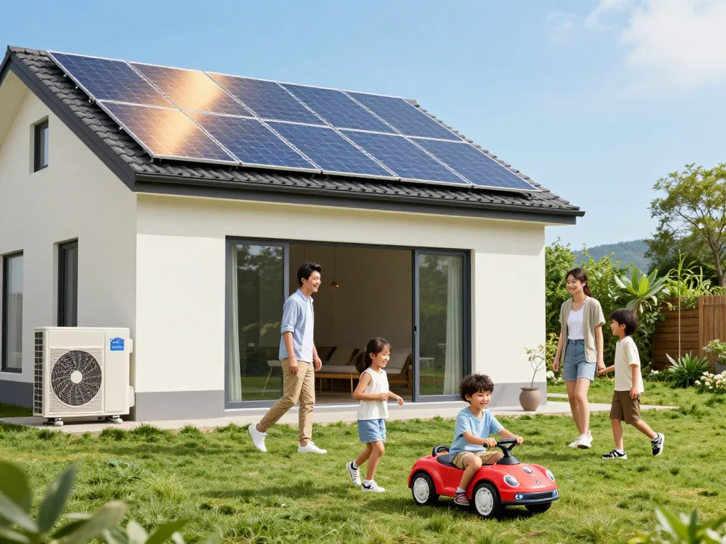 Photovoltaik Bayern modernes Zuhause mit Solarpanelen und Wärmepumpensystem, Familie genießt den Garten.