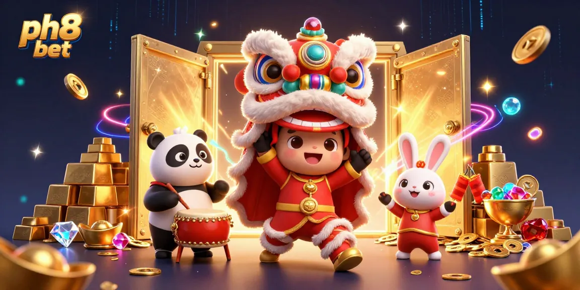 Engage in the ph8 bet experience with vibrant 3D cartoon characters amidst a treasure-filled casino setting.