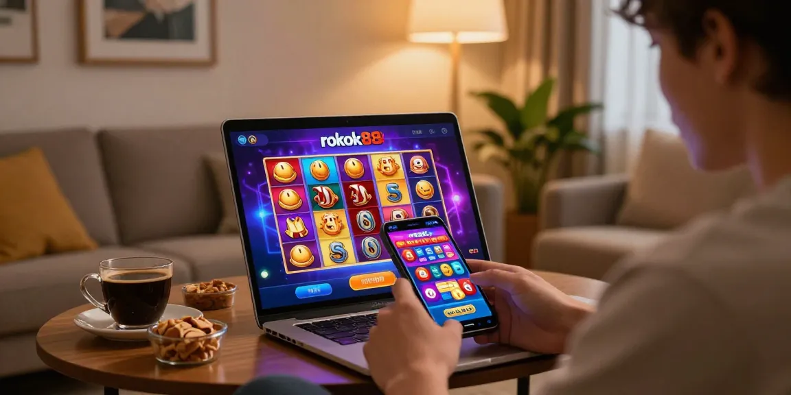Player enjoying the rokok88 rtp gaming experience on a smartphone in a cozy living room.