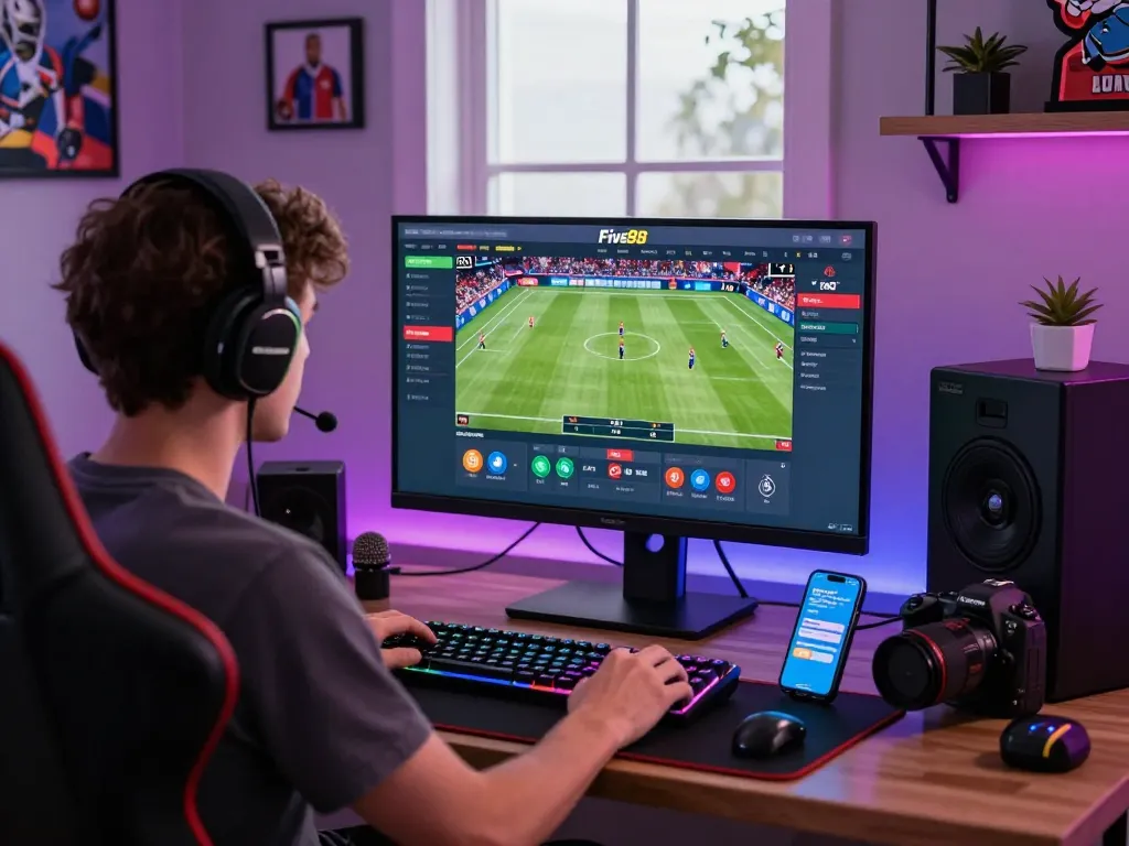 Live betting experience on five88 platform with engaging sports footage and gaming setup.