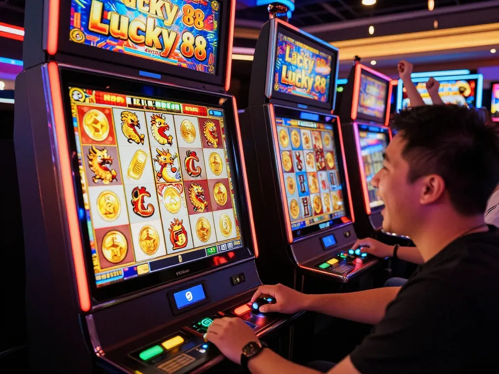 Player celebrating a big win on the Lucky 88 slot machine in a vibrant casino environment.