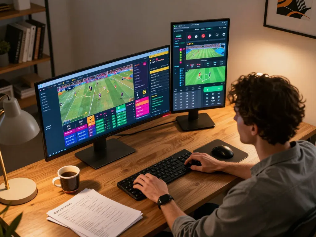 Betting on sports with QQ88, showcasing a player analyzing live odds on multiple screens.
