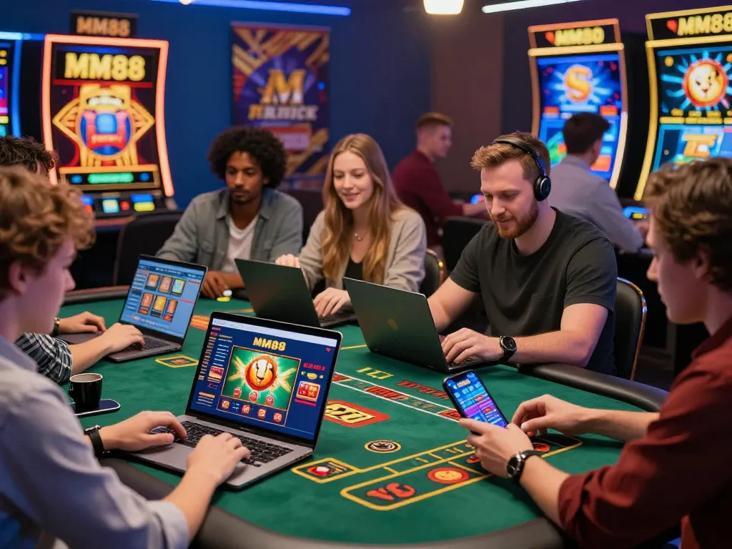 Exciting MM88 online gambling scene with diverse players engaging in various games and promotions.
