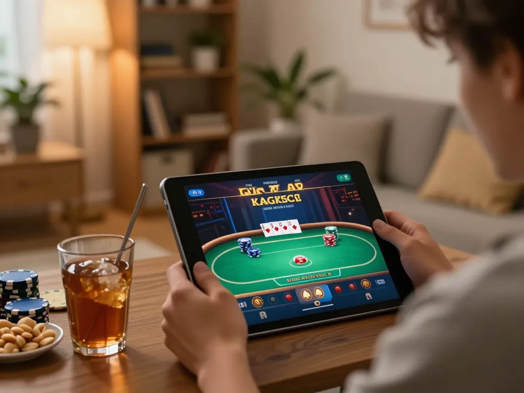 Engaging in 78 win poker on a tablet in a cozy home setting, showcasing strategic gameplay.