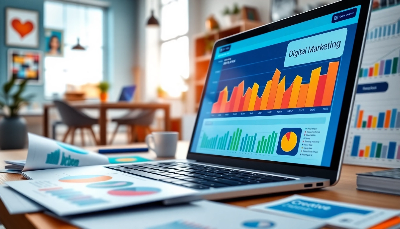 Online Marketing Strategien in einem modernen digitalen Arbeitsbereich mit Laptop und Analysen.