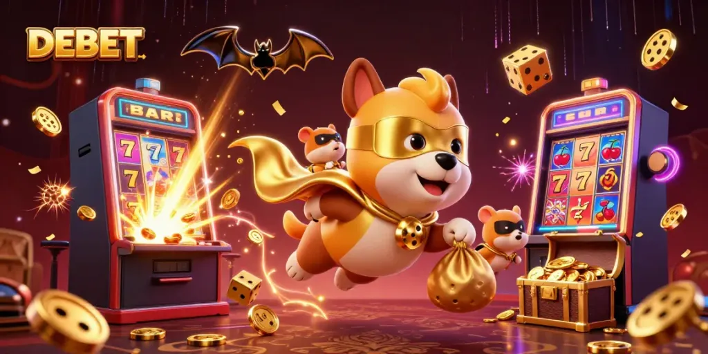 Engage with DEBET's diverse games featuring superhero characters and vibrant casino elements.