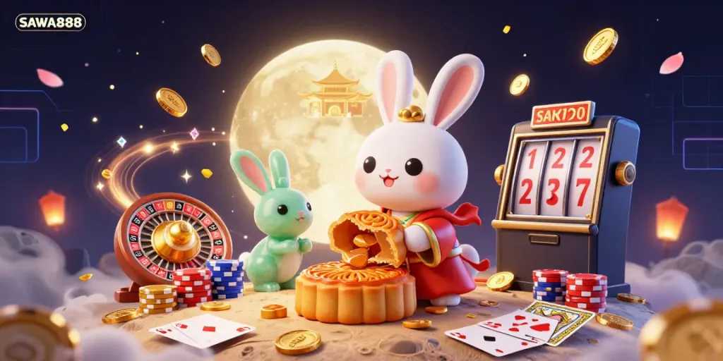 Engage with SAWA888 by discovering vibrant gameplay through a mystical scene with moon rabbits and casino elements.