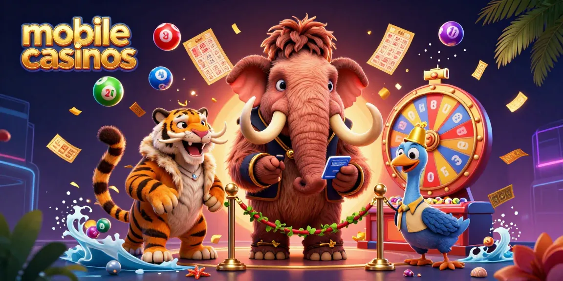 Experience excitement at mobile casinos with a mammoth bouncer checking IDs amidst vibrant gameplay elements.