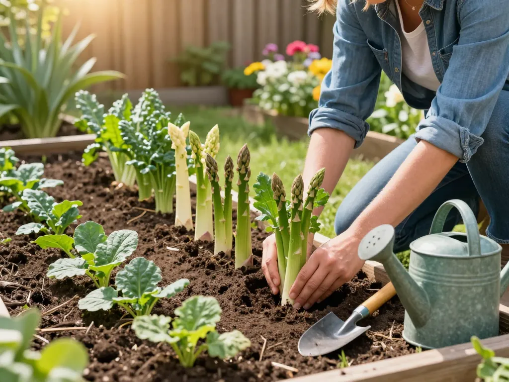 Gardener planting spargelpflanzen in a sunny home garden.