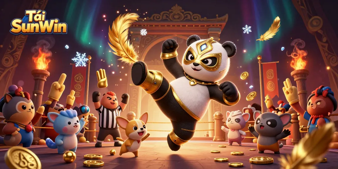Tải SunWin showcases dynamic casino action with a panda wrestler and cheering animal fans.