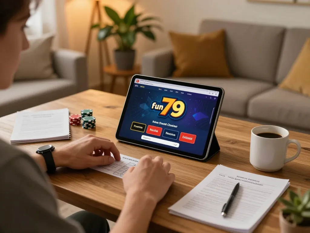 Engaged player using the fun79 casino app in a cozy home, emphasizing responsible online gaming.