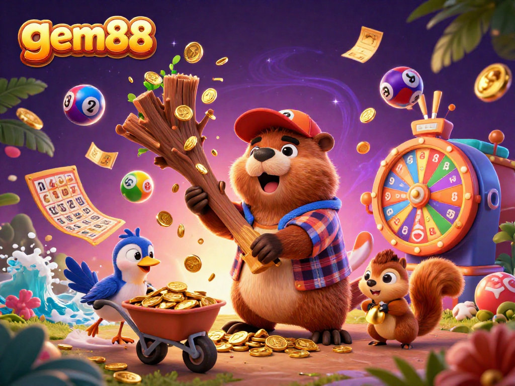 Experience gem88's thrilling gaming adventure with a beaver and friends collecting gold in a vibrant casino scene.