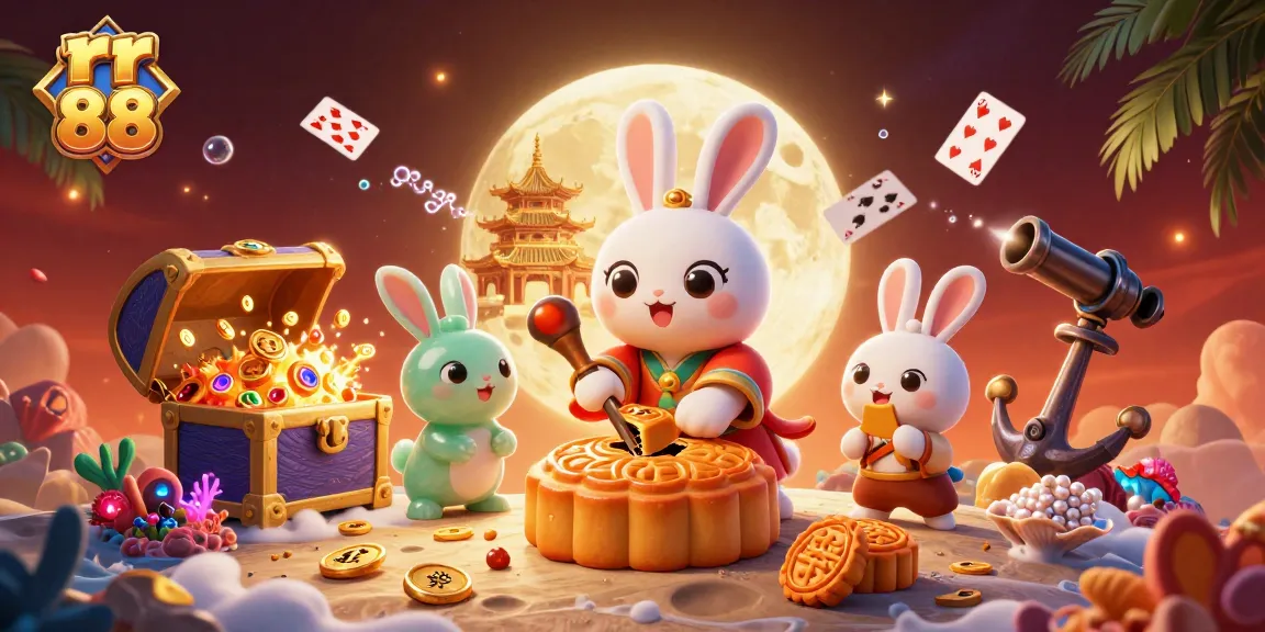 Experience thrilling games at rr 88 with a festive 3D digital illustration of a moon rabbit and poker elements.