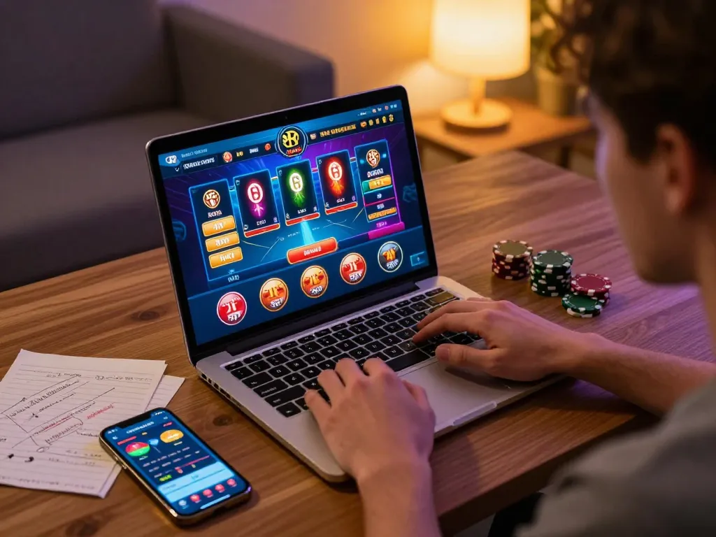 f168 player engaging in online casino gaming, showcasing a vibrant home setup for responsible gambling
