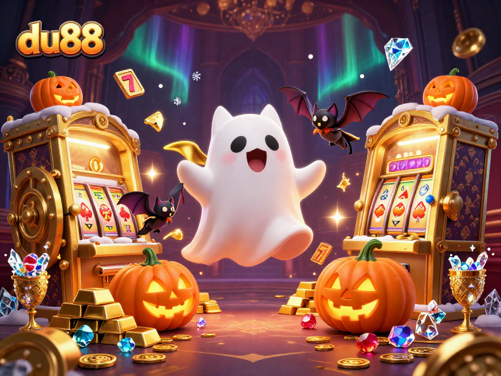Join du88's ghost cat and bat companion in a vibrant haunted casino filled with riches.