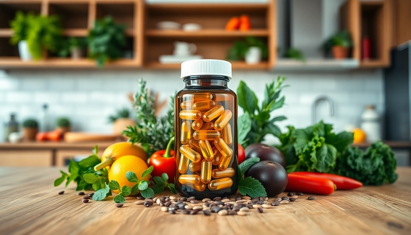 Vegane Supplements in einer modernen Küchenszene mit frischen Zutaten und einem natürlichen Ambiente.