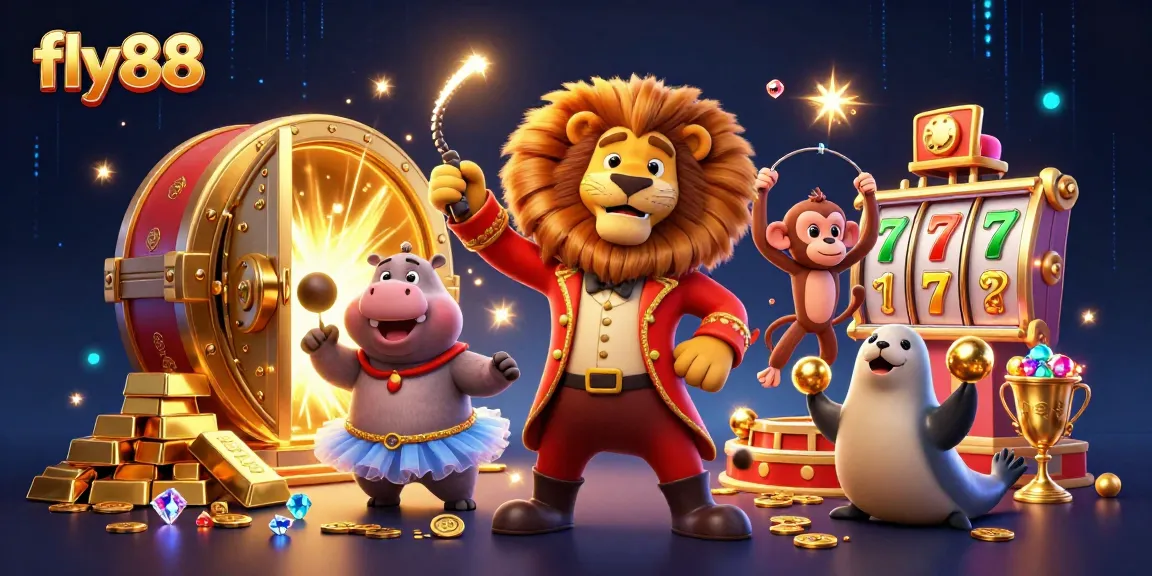 fly88 showcases an energetic casino scene with vibrant characters and slot elements for high-stakes fun.
