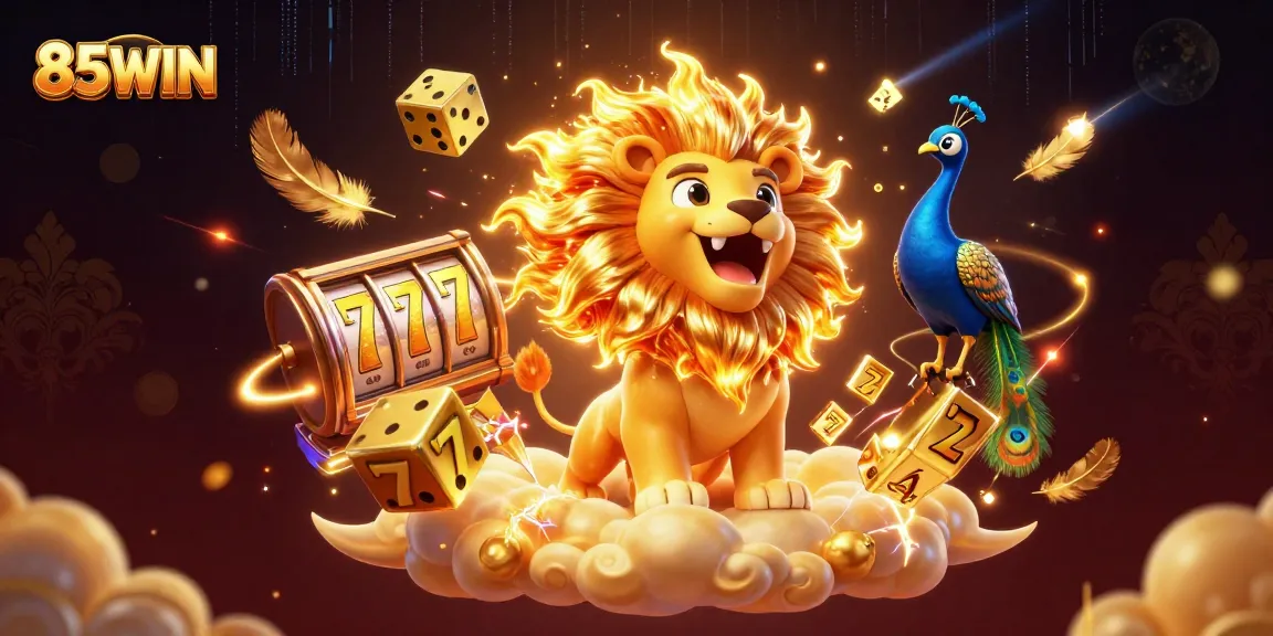 Experience thrilling gaming at 85WIN with an exciting illustration showcasing a vibrant casino scene filled with joyous characters and action.
