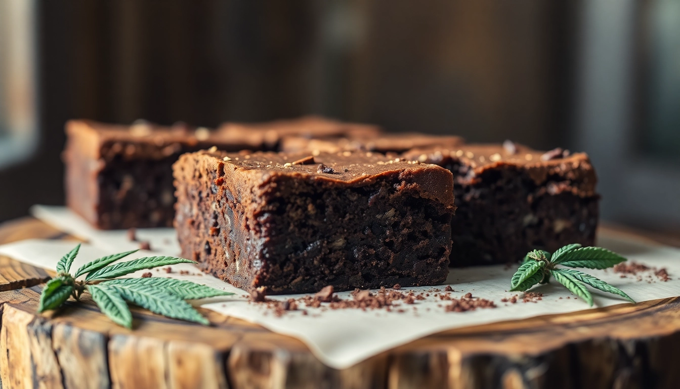 Frisch gebackene hashbrownies mit Kakaopulver und Cannabisdekor auf einem Holzbrett.