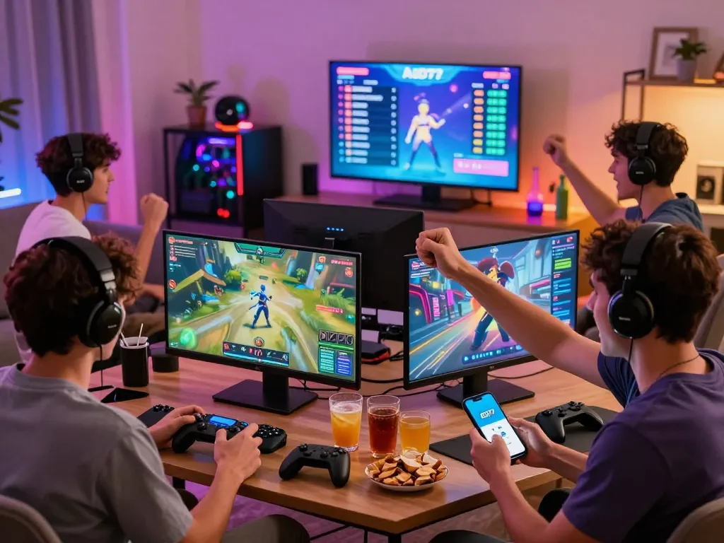 A lively gaming night with friends enjoying aud77, showcasing excitement and interaction as they play together.