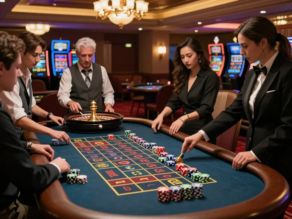 Players engaged at the roulette table in a sunwin casino, showcasing dynamic betting excitement and strategy.