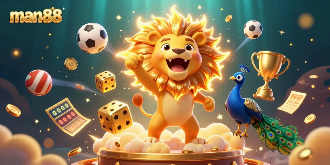 man88 showcases a vibrant casino scene featuring a roaring sun lion, golden dice, and dynamic sports betting elements.