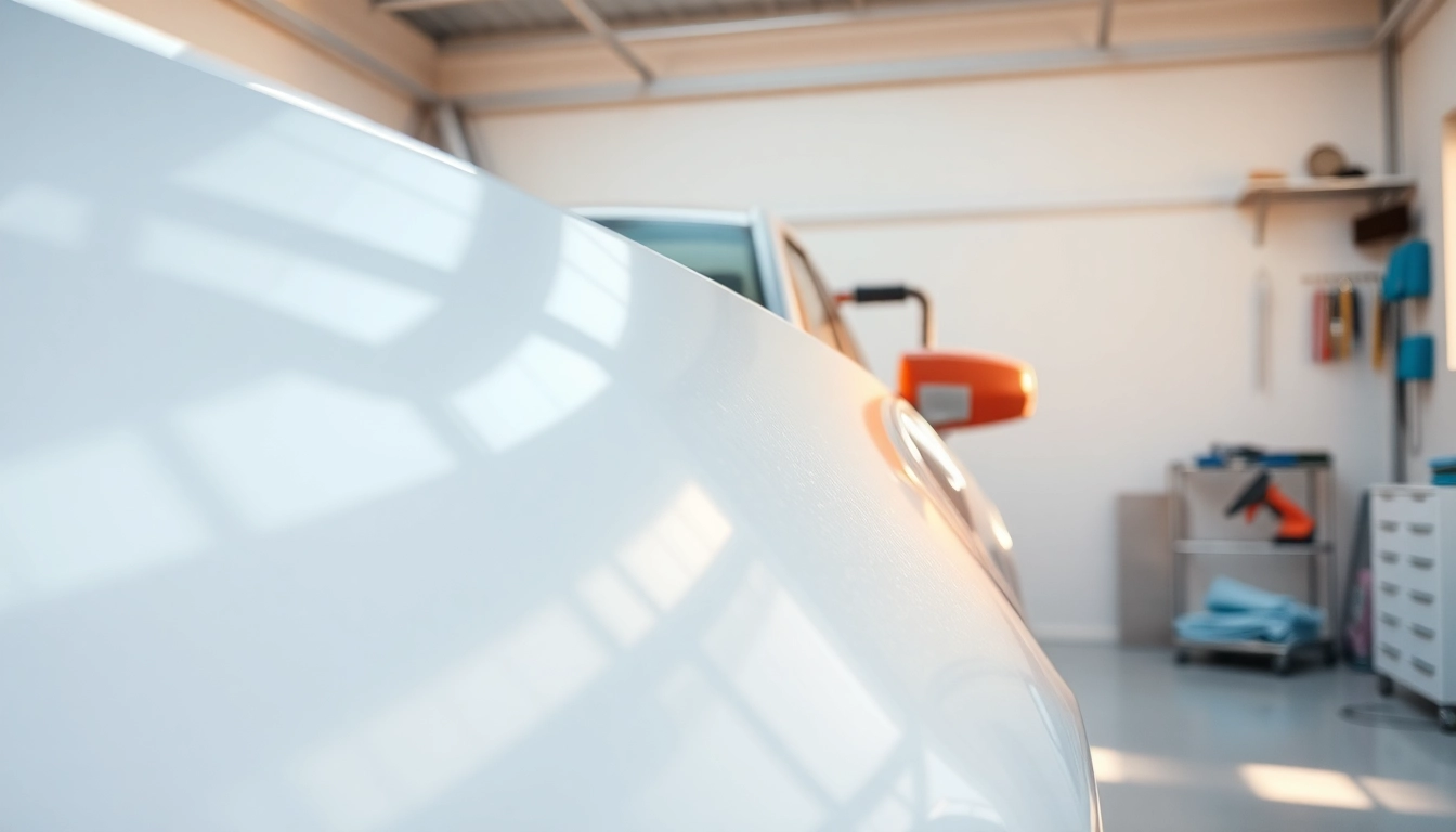 Fahrzeugaufbereitung mit glänzendem Auto in einem professionellen Workshop, umgeben von Reinigungswerkzeugen.