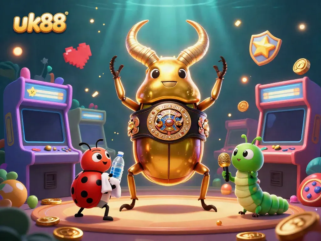 Engage with the vibrant gambling world of uk88 featuring a golden stag beetle, arcade elements, and dynamic casino vibes.