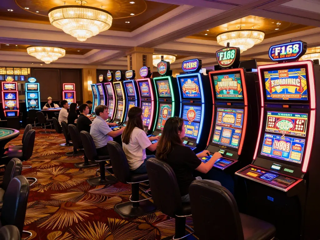 Players enjoying thrilling slot games at F168 Casino with colorful displays and vibrant atmosphere