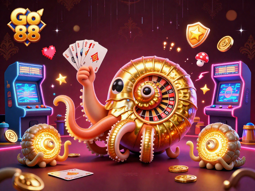 Engage with Go 88 in this vibrant 3D casino scene featuring ancient characters and arcade elements.