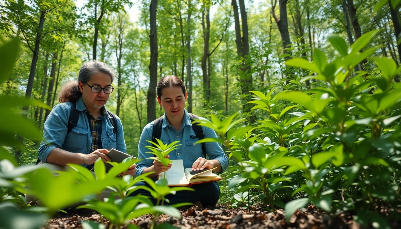 Umweltforschung durch Wissenschaftler im Wald mit Pflanzenstudien.