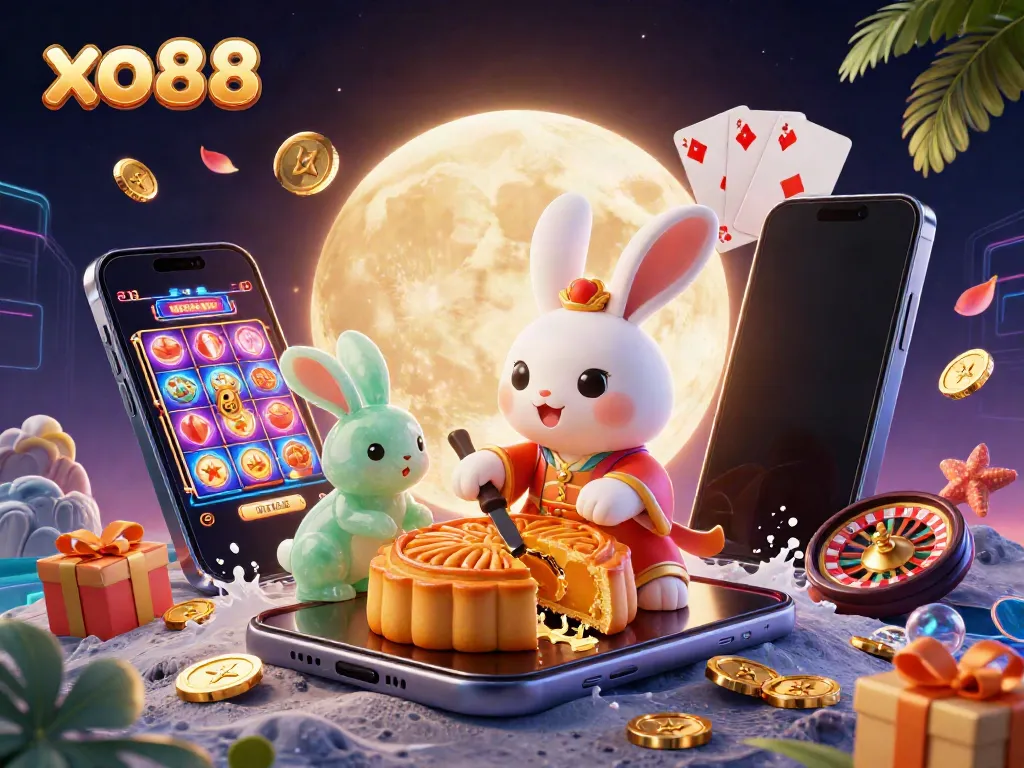 Experience the thrill of gambling with xo88, showcasing a vibrant lunar scene filled with casino elements.