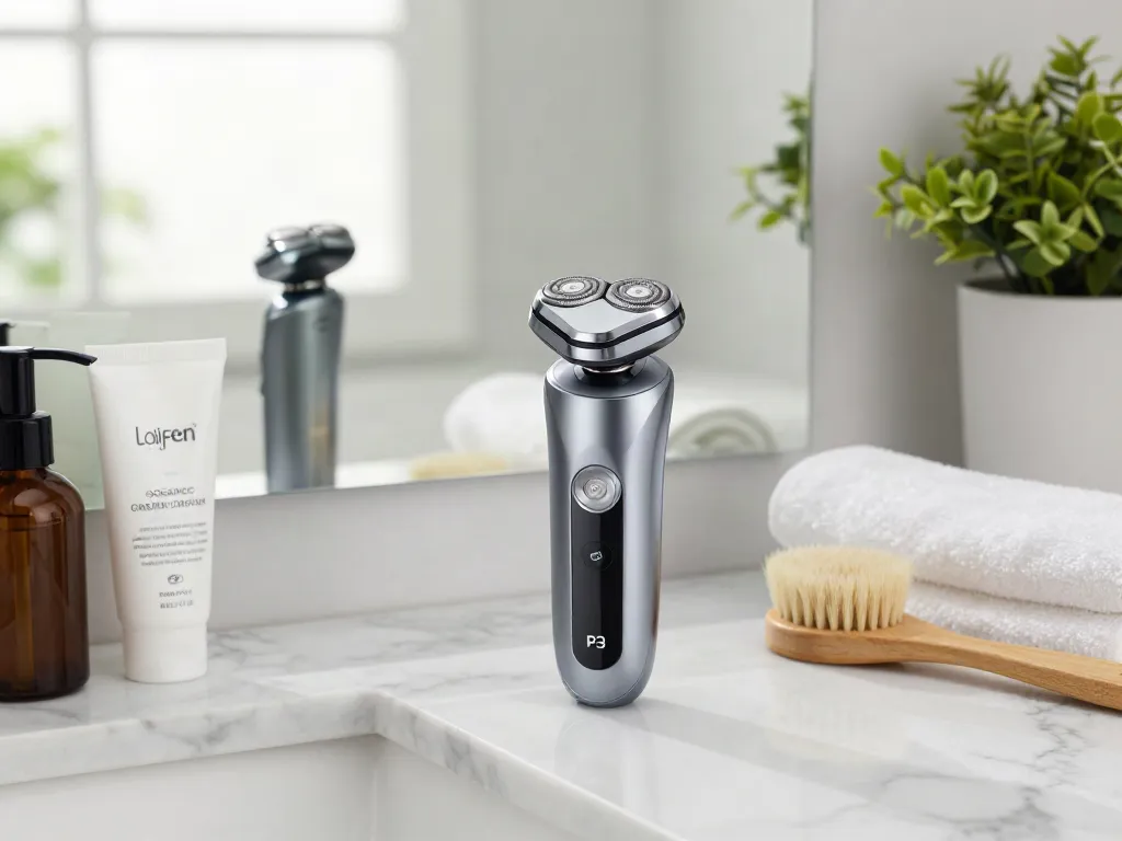 Laifen Rasierer im eleganten Badezimmer mit Pflegeprodukten.